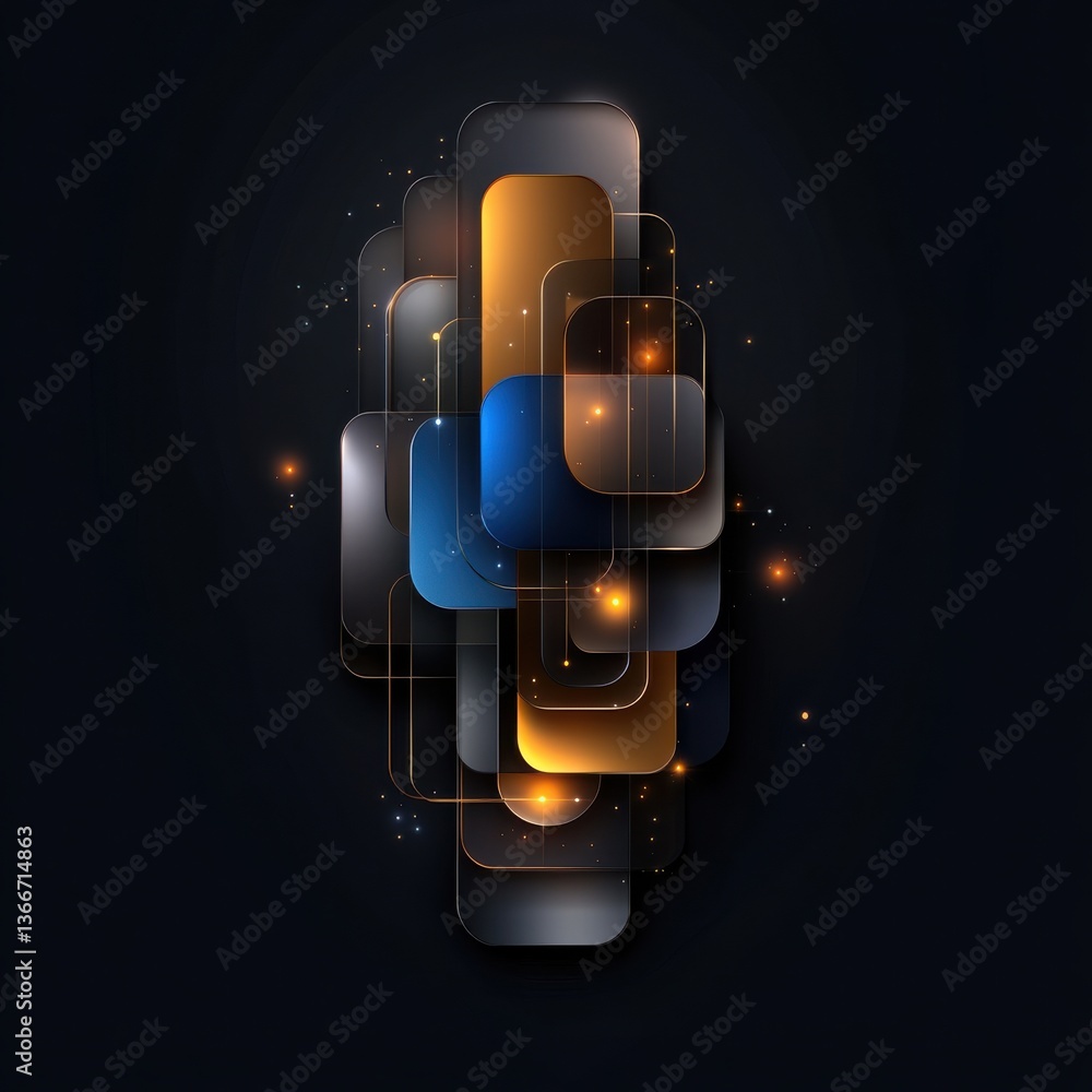 Poster a black and gold abstract design with a blue square in the middle