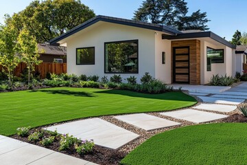 A house with a large lawn and a stone walkway