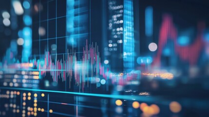 A city skyline with a graph of numbers and lines