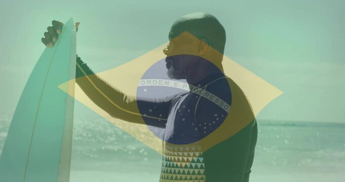 Holding surfboard with Brazilian flag, surfer standing on beach in animation