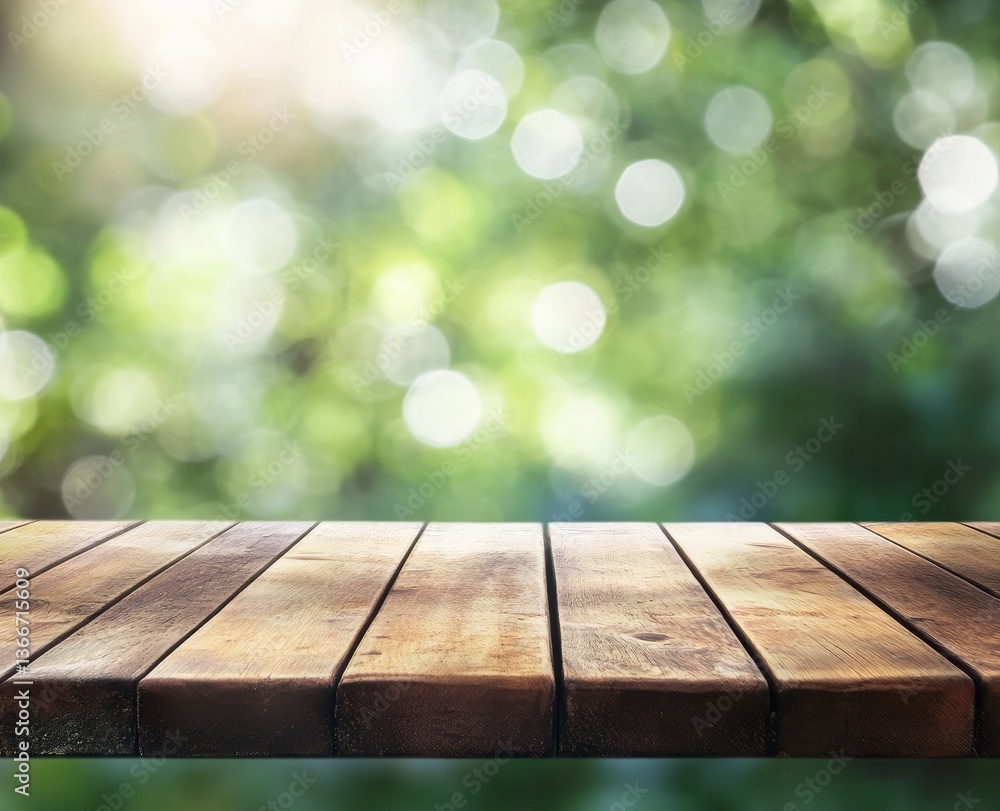 Poster wooden tabletop with green bokeh background for product mockup and display