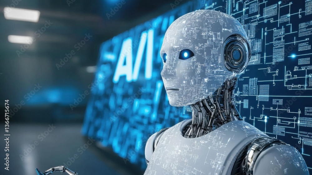 Aufkleber A robot with blue eyes stands in front of a wall with the letters AI on it