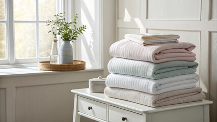 Fototapeta premium Blanket stack, highlighting the home and interior theme. 