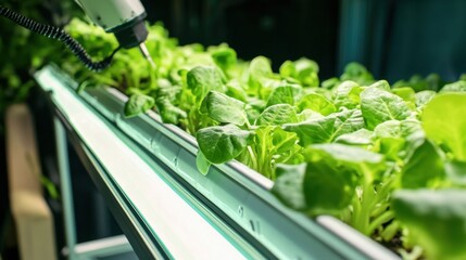 A robotic arm in an AI powered vertical hydroponic farm, monitoring plant growth and optimizing nutrient delivery, Agri-tech style