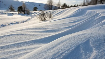Obraz premium A snowy landscape with undulating hills covered in fresh snow, showcasing a winter wonderland. 