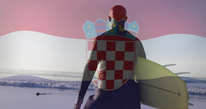 Carrying surfboard on beach, surfer with Croatian flag animation overlay