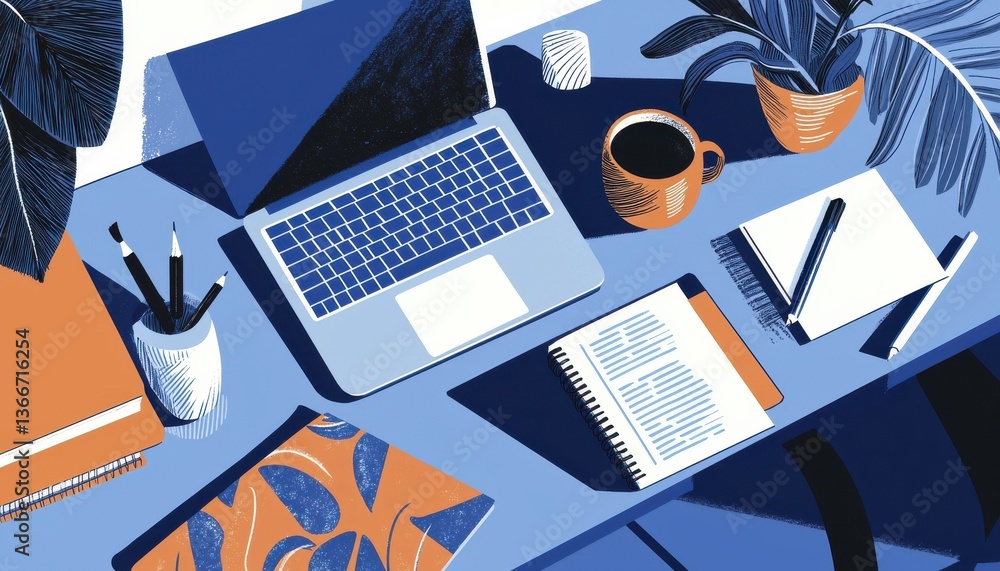 Poster a laptop is on a desk with a notebook and a cup of coffee