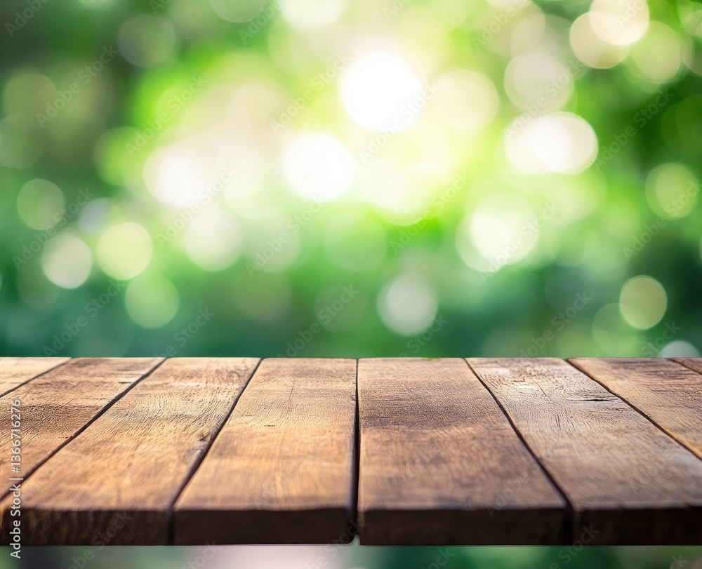 Poster wood table background with bokeh lights for product mockups or display