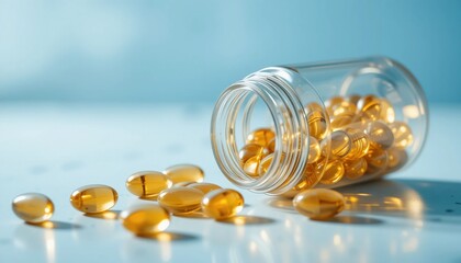 Golden Omega 3 Fish Oil Capsules Spilled from Bottle on Blue Background