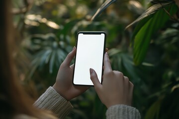 Naklejka premium Woman Using Smartphone with Blank Screen Outdoors Surrounded by Plants