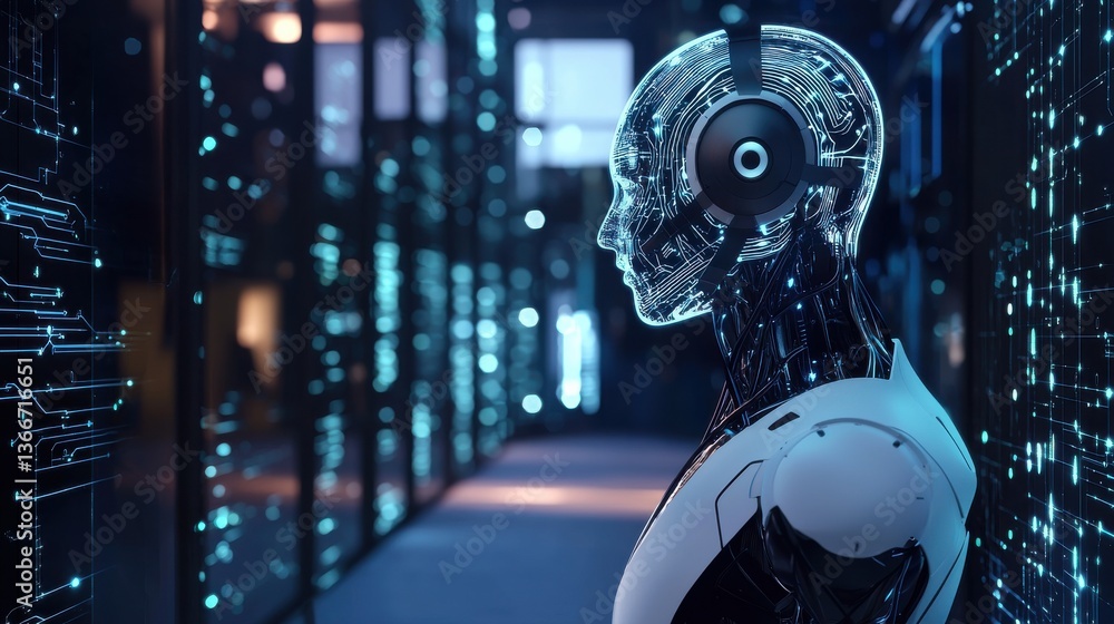 Poster A robot with a head and ears is standing in a room with a blue background