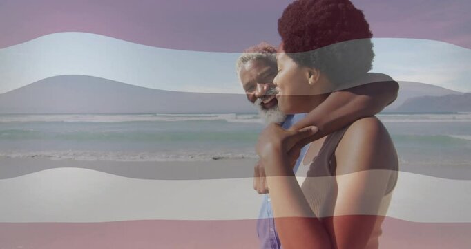 Walking on beach, elderly couple with animation of abstract wave pattern