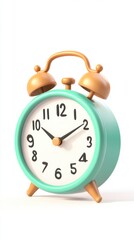 Cute 3D clay style alarm clock icon with exaggerated bells on a pure white background