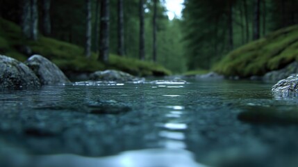Fototapeta premium Tranquil forest stream. Crisp, clear water flows through a mossy, rocky woodland