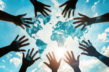 A group of people are holding hands in a circle and looking up at a blue globe