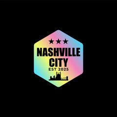 Fun vector holographic label design of Nashville city silhouette suitable for stickers or prints