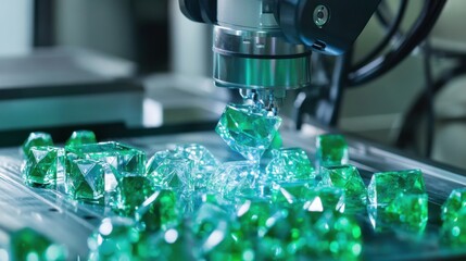 A robotic arm in an automated gemstone cutting facility, precisely shaping lab-grown emeralds for luxury jewelry, Jewelry-tech style