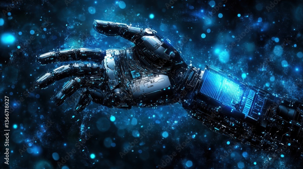 Poster a futuristic robotic hand interacting with a high-speed computer processor.