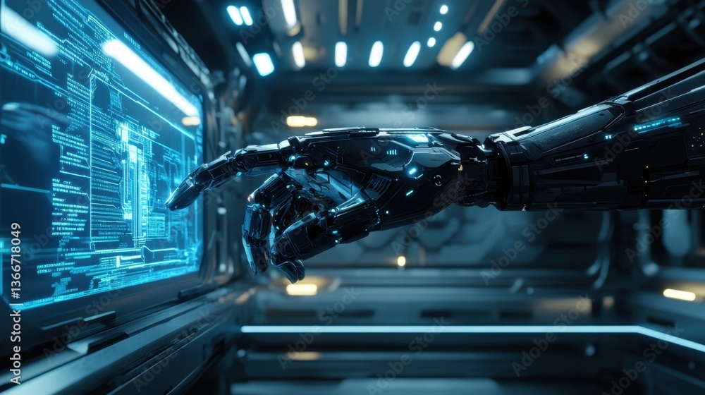 Poster a futuristic robotic hand interacting with a high-speed computer processor.