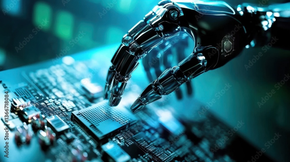 Poster a futuristic robotic hand interacting with a high-speed computer processor.