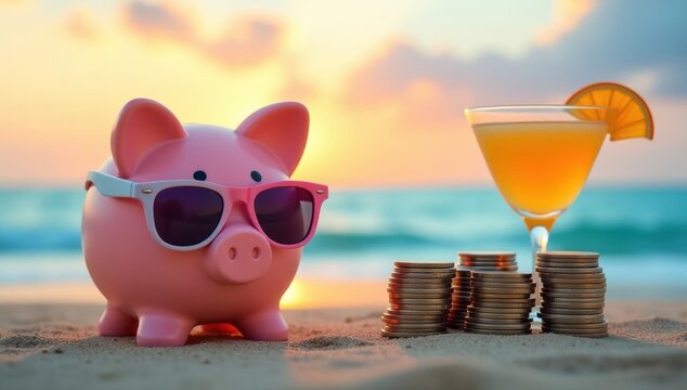 Piggy Bank Vacation Savings - Humorous Beach Finance. Ideal for financial blog posts, travel savings articles, humorous social media content, vacation fund advertisements, editorial designs