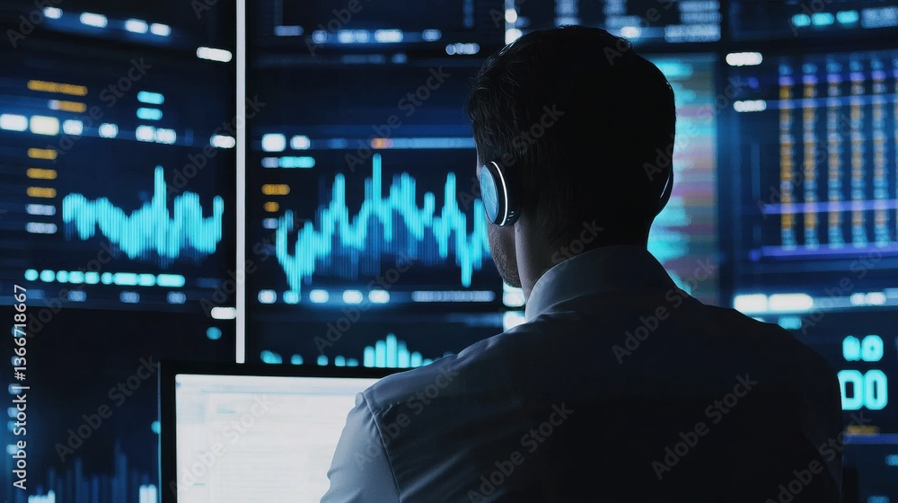 Fototapete a man is sitting in front of a computer monitor with a headset on