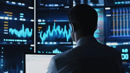 Fototapeta premium A man is sitting in front of a computer monitor with a headset on