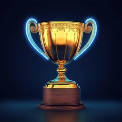 Golden Cup Elegance: A captivating image showcases a stunning golden trophy, expertly crafted and placed on a wooden base, all set against a sleek, deep blue background.
