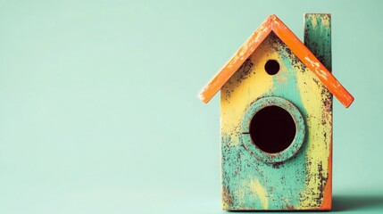 Quaint birdhouse, teal and yellow, a whimsical home for feathered friends.