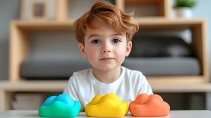 Portrait of a Toddler Boy Playing with Colorful Cloud Toys