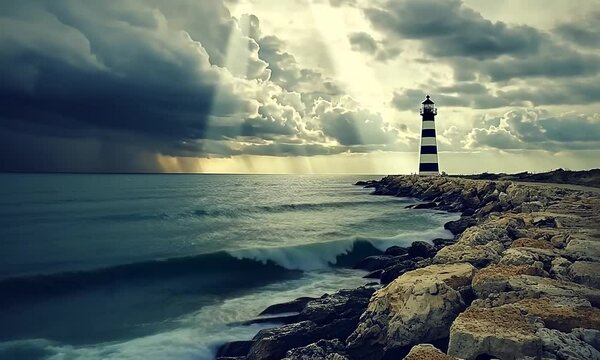Serene coastal landscape featuring a lighthouse under dramatic clouds and rays of sunlight breaking through