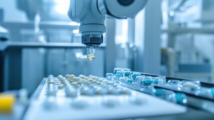 A robotic arm in an automated pharmaceutical lab, filling capsules with active ingredients for drug production, Medical-tech style