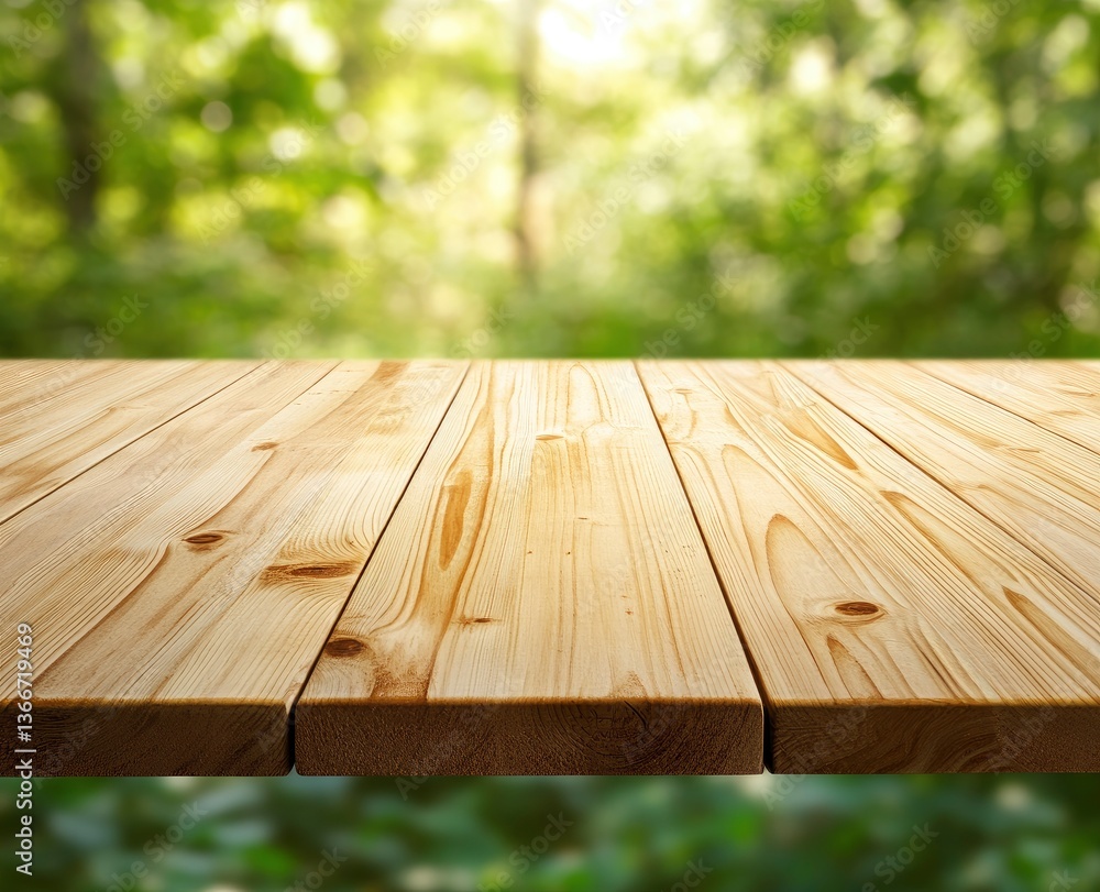 Poster wooden table background with summer forest backdrop for product display