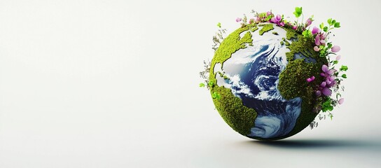 Globe covered with lush greenery and thriving plants symbolizing environmental protection, sustainability, and global ecological conservation. Ultra-realistic detailed Earth illustration with white ba