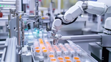 A robotic arm in an automated pharmaceutical production lab, assembling packaging for pharmaceutical products with extreme precision, Pharma-tech style