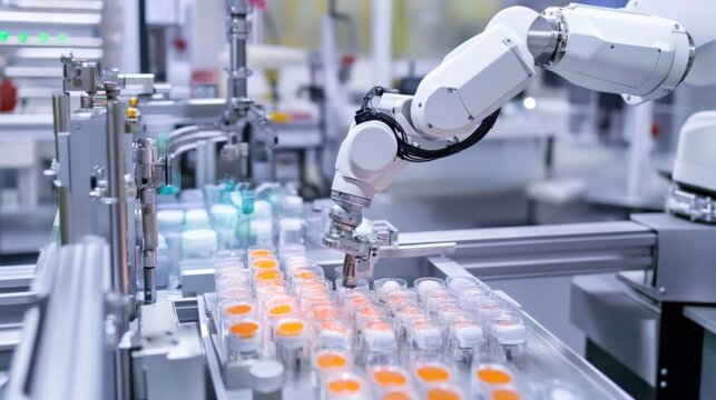 A robotic arm in an automated pharmaceutical production lab, assembling packaging for pharmaceutical products with extreme precision, Pharma-tech style