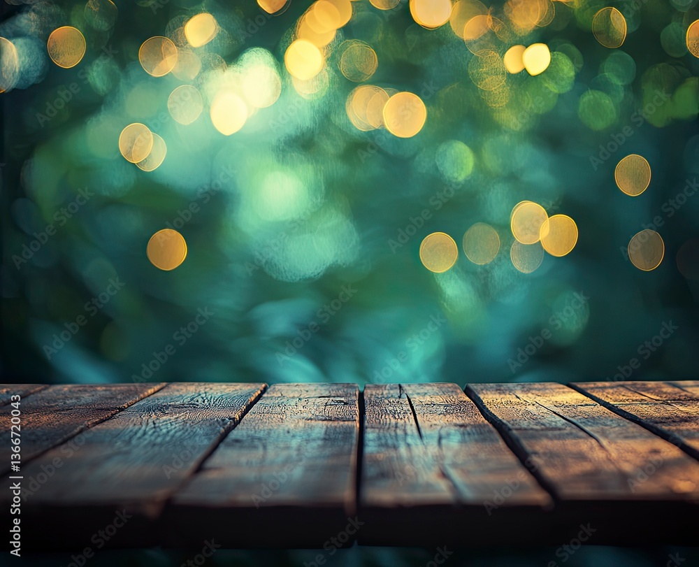 Poster wooden table with festive bokeh lights background for product display