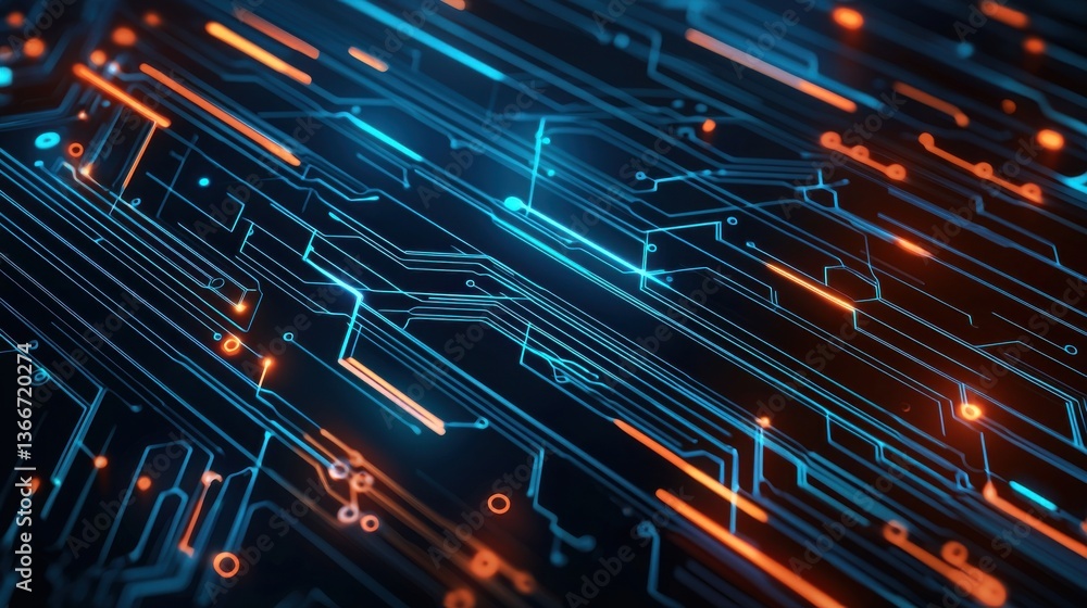 Poster a computer chip with orange and blue lines