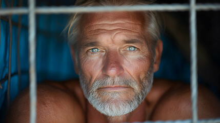 Portrait of a Weathered Man with Blue Eyes Inside a Cage