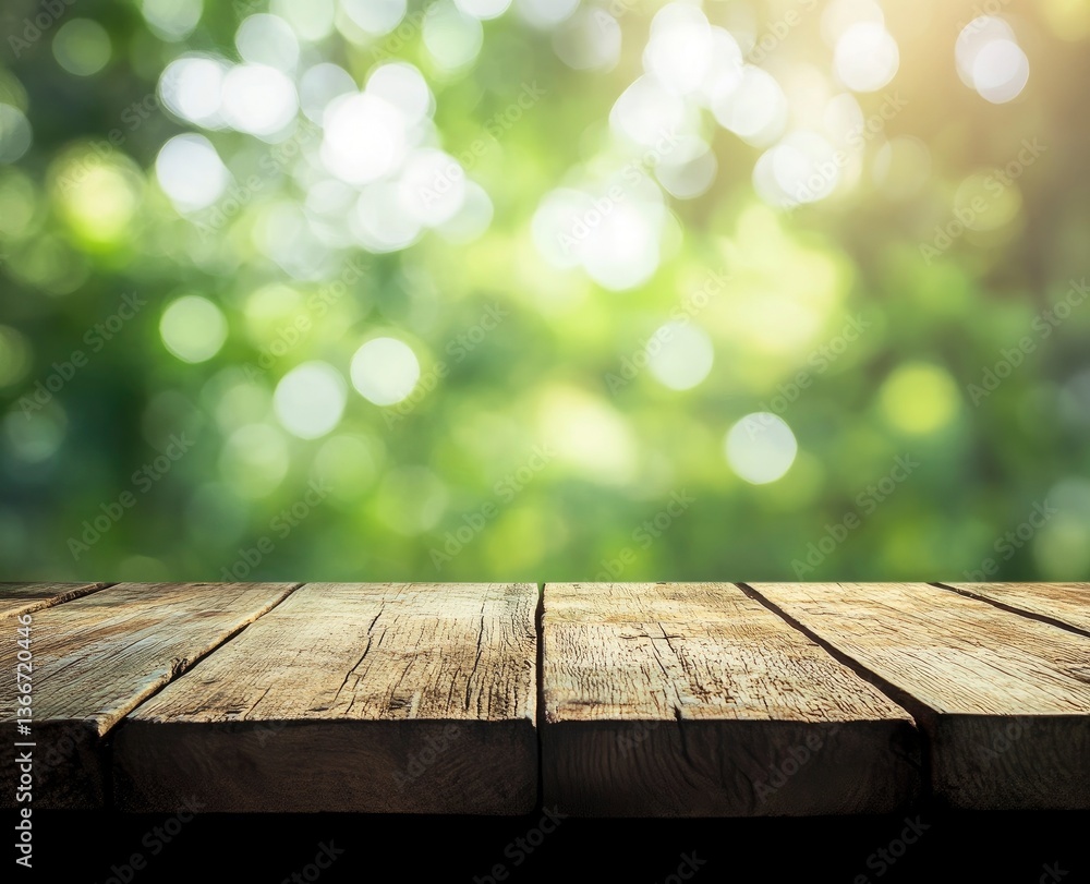 Poster empty rustic wooden table with blurred natural green bokeh background