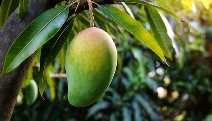 A close-up view of a ripe mango hanging from a sturdy tree branch, surrounded by lush green leaves.