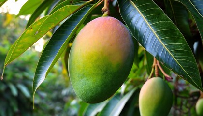 A close-up view of a ripe mango hanging from a sturdy tree branch, surrounded by lush green leaves.