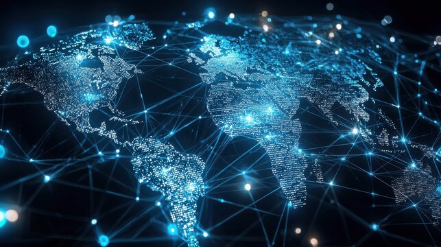 A blue globe with a network of lines connecting it