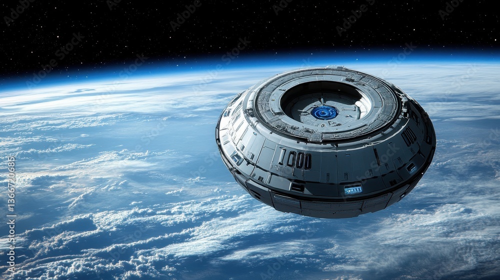 Poster a high-resolution rendering of an inflatable space habitat in orbit.