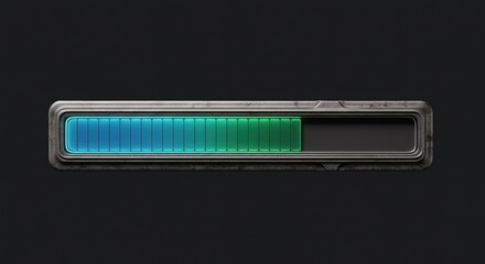 A metallic loading bar with blue and green progress on a dark background