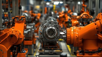 Fototapeta premium A high-speed assembly line manufacturing high-precision components.