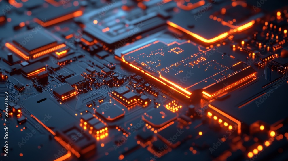 Poster a high-tech computer motherboard with intricate circuitry and led lights.