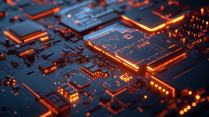 A high-tech computer motherboard with intricate circuitry and LED lights.