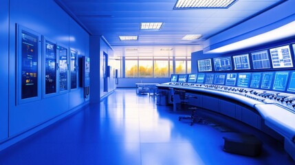 A high-tech control room monitoring an advanced industrial production line.