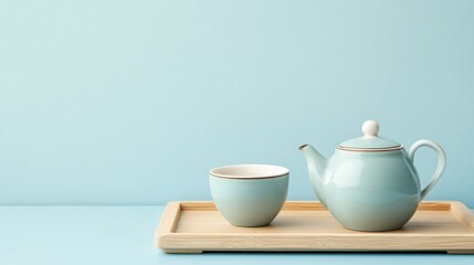 Fototapeta premium Serene tea set: light blue teapot and cup on a wooden tray.